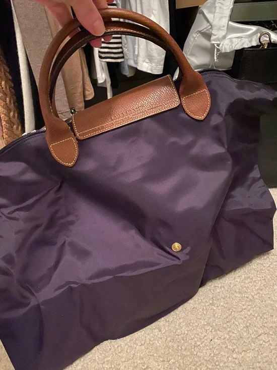 Longchamp LE PLIAGE Plum Nylon Tote with Brown Leather Trim - Picture 2 of 4